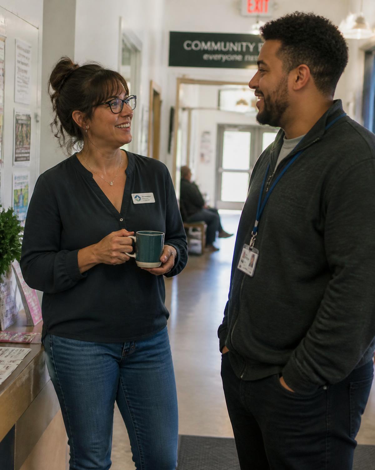Two Elevate Spectrum team members talking in a community center hallway