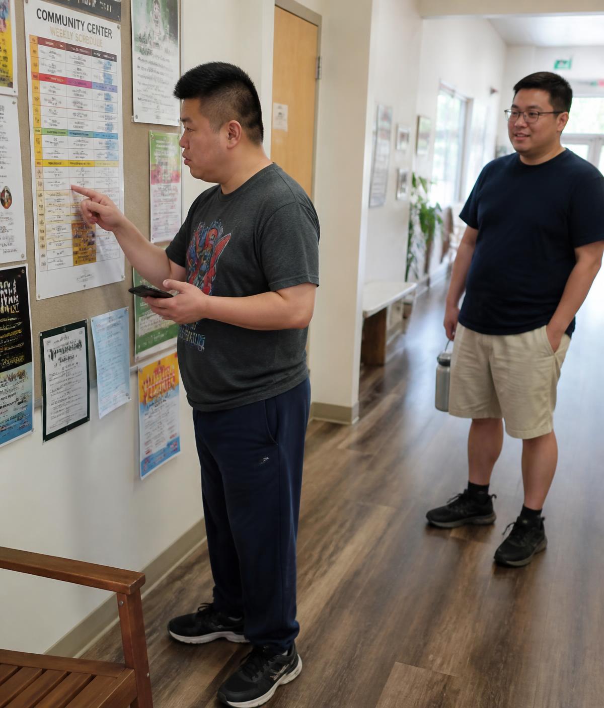 An adult man reading the weekly schedule at a community center and choosing an activity for himself