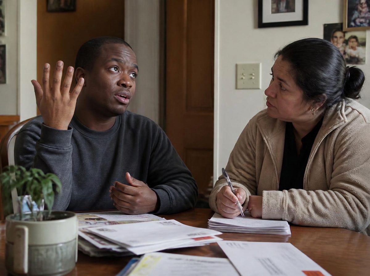 A young man and his support professional talking together at an outdoor market