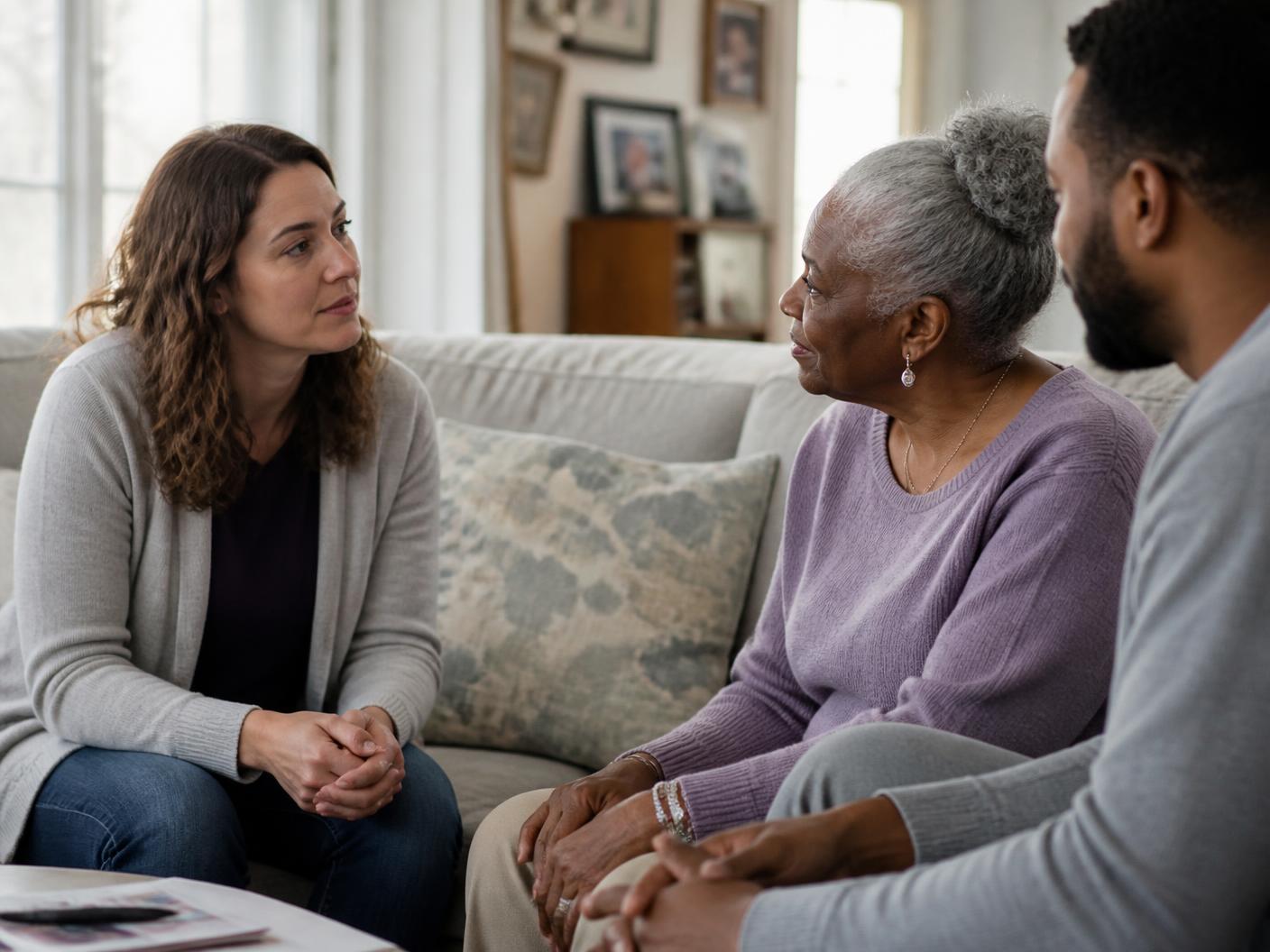 A Family Liaison listening to a mother and her adult son at their kitchen table