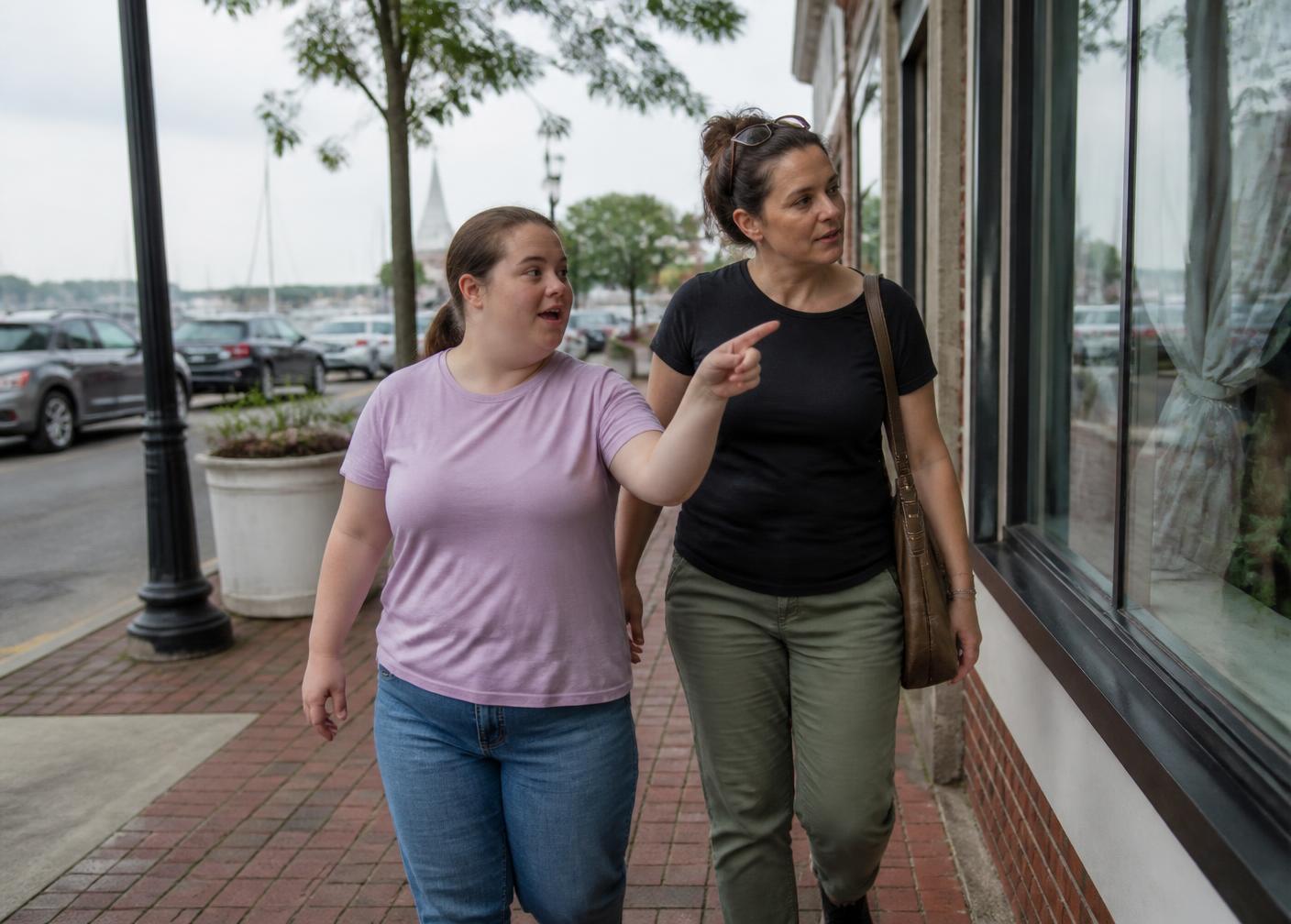 Two adult women walking and talking together along a small-town waterfront shopping street on Maryland's Eastern Shore