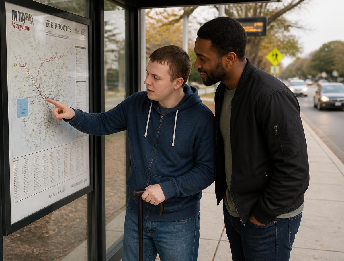 A young man reading a Maryland transit map at a bus stop while a support professional looks where he points