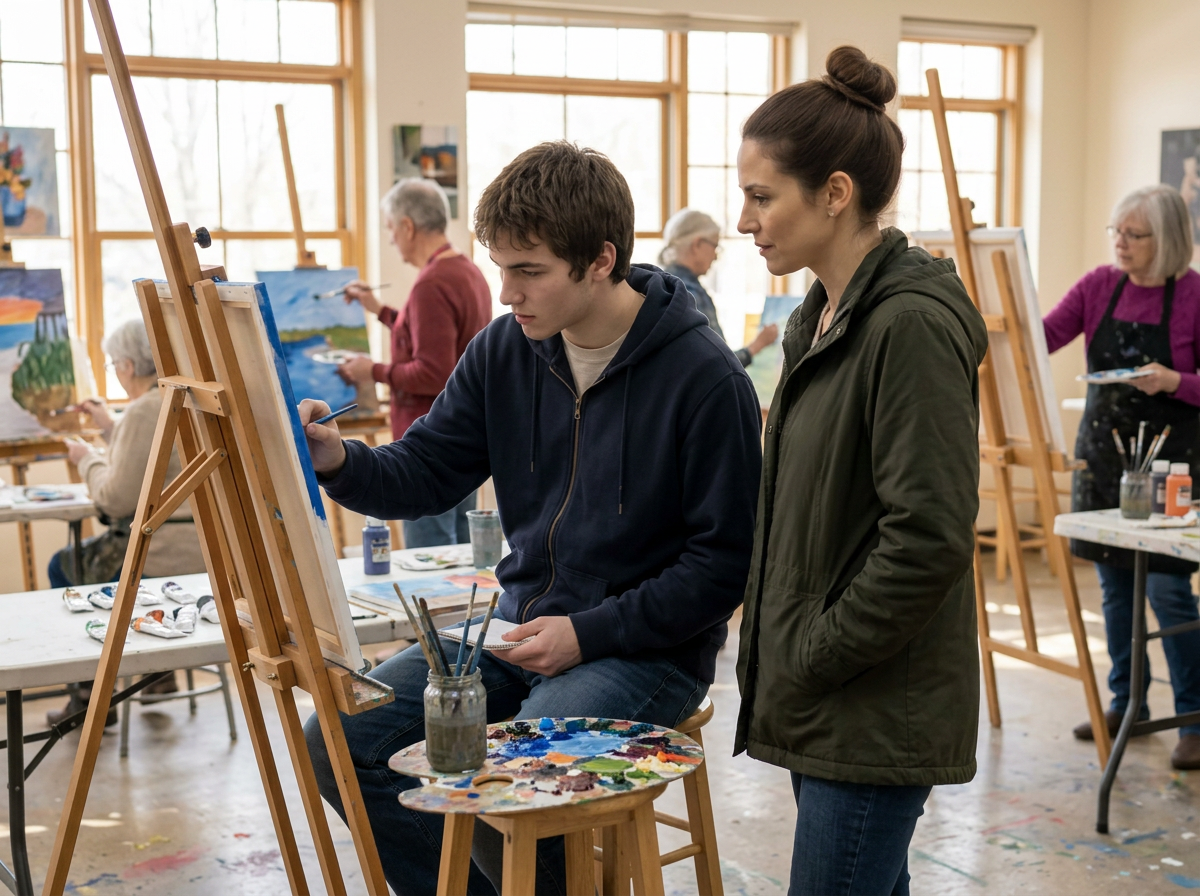 A young man and his support professional painting side by side at easels in a community art studio