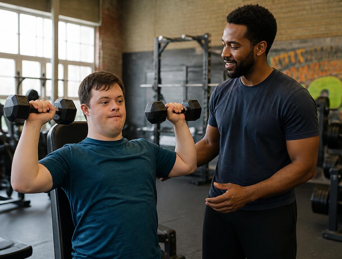 A young man lifting light weights at a neighborhood gym while a support professional spots beside him