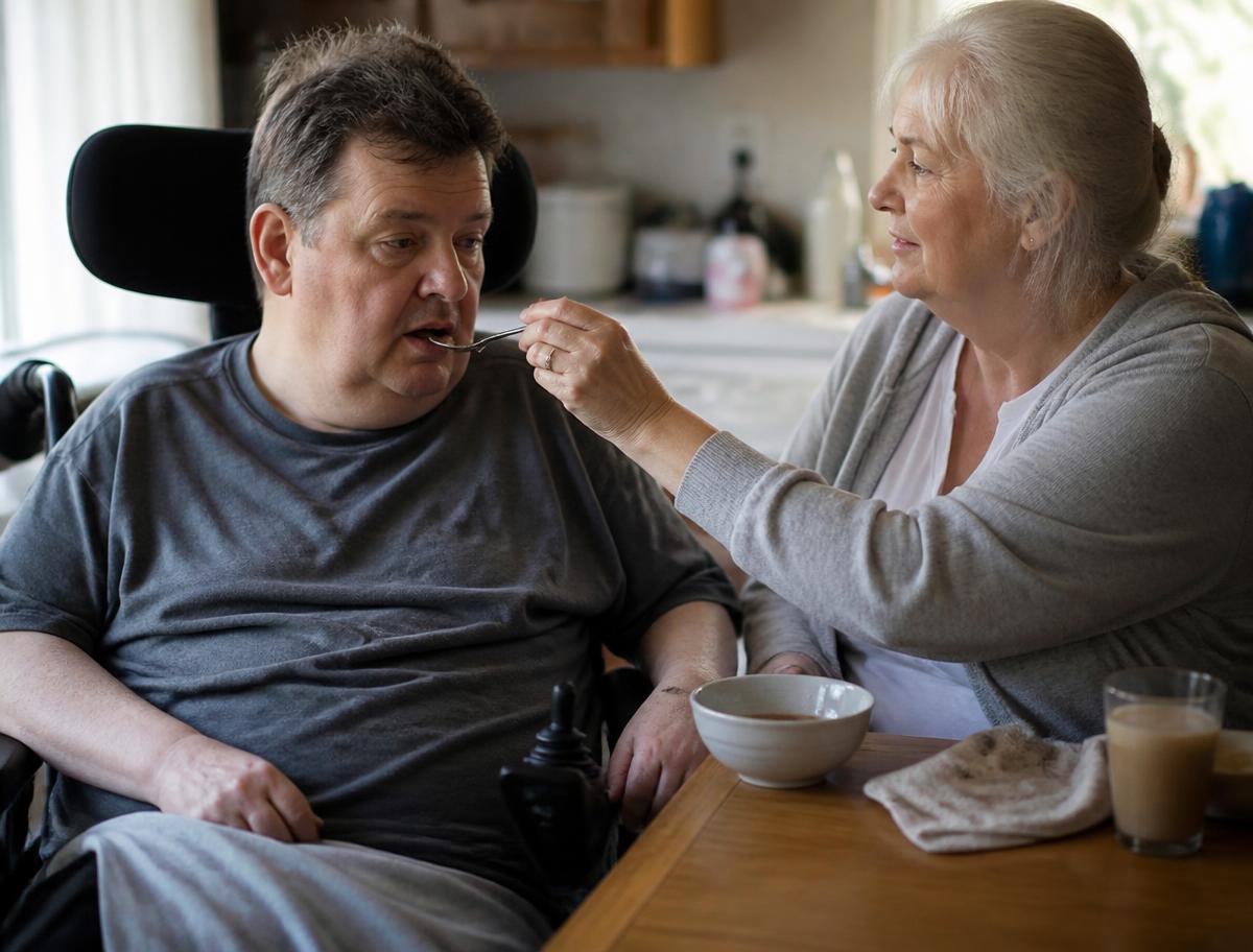 A support professional assisting a man who uses a power wheelchair with a meal at his kitchen table