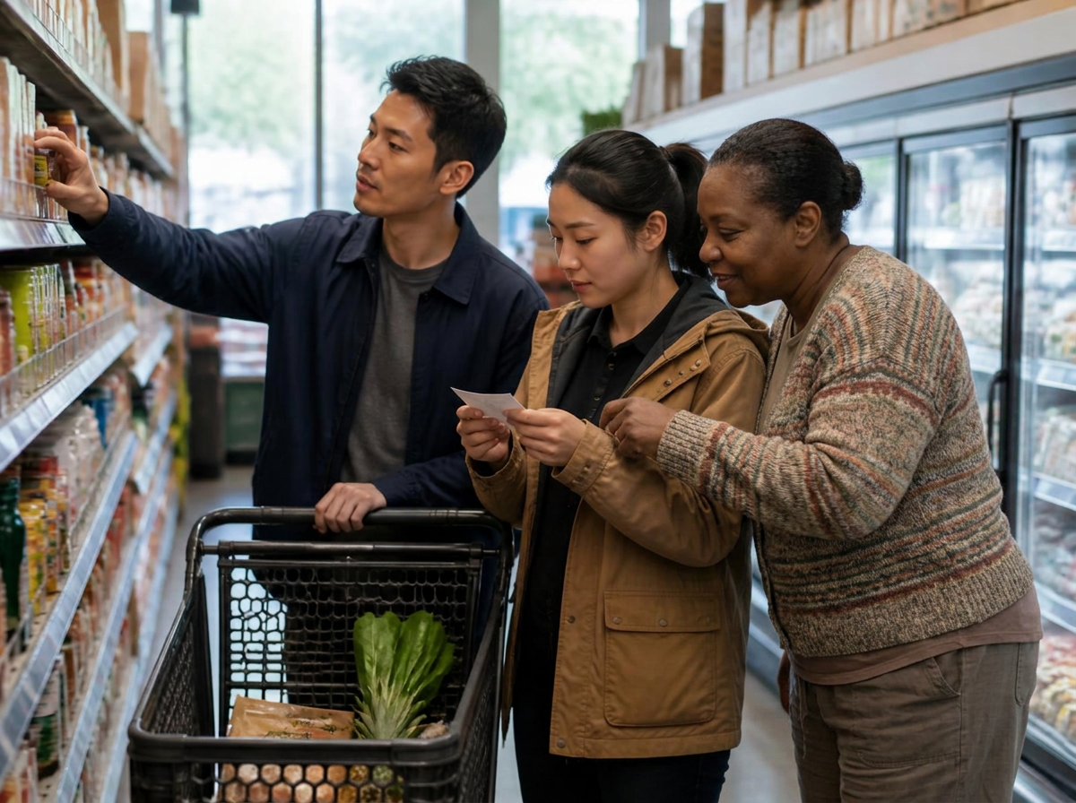 An adult man reaching for an item on a grocery shelf while his sister reads the shopping list with a Black support professional beside her