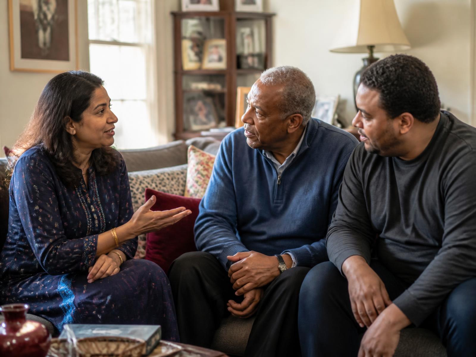 A family liaison sitting with a father and his adult son in their living room, talking as equals