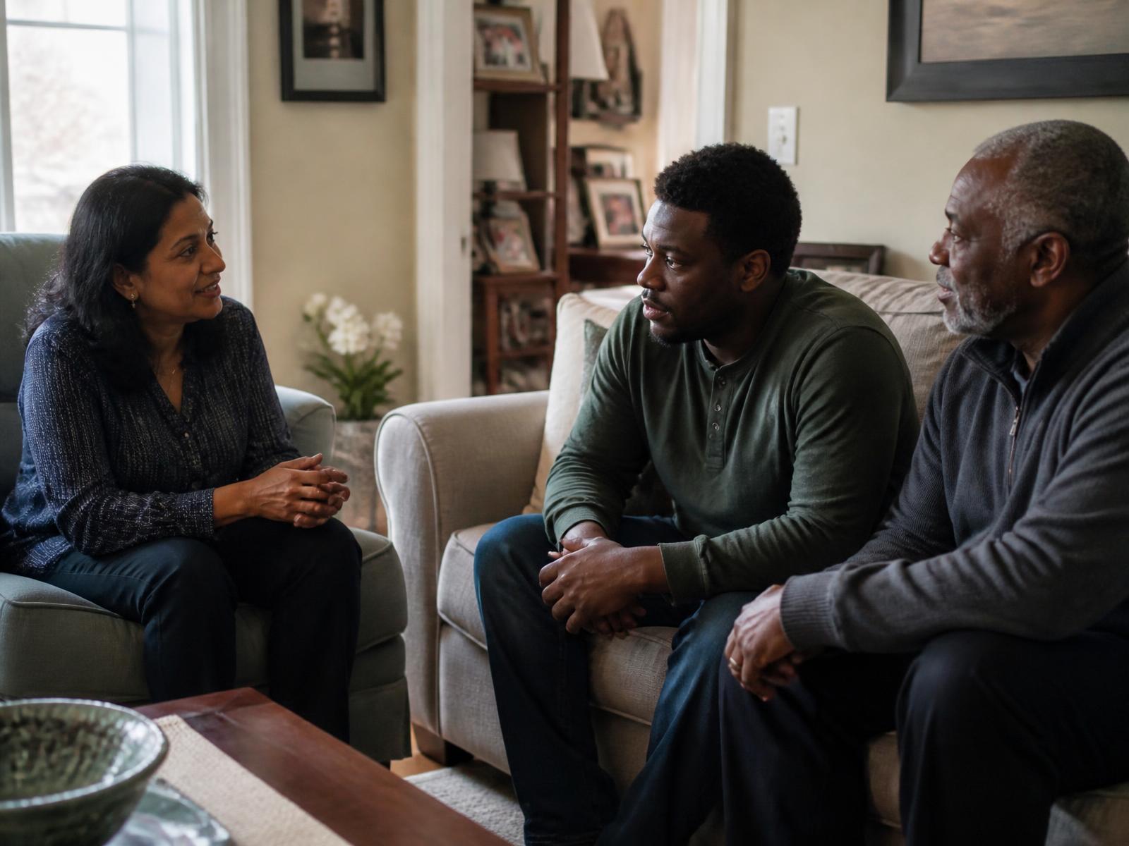 A family liaison sitting with a father and his adult son in their living room, talking as equals